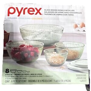 Pyrex Colors Glass Mixing Bowls Multicolor with Lids 8 Piece Set NIB INV#42